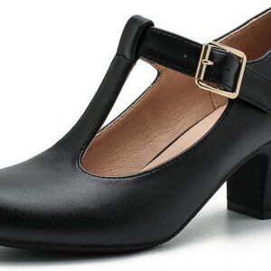 Women's Faux Leather T-Strap Mary Jane Pumps Low Chunky Heels Wedding Party